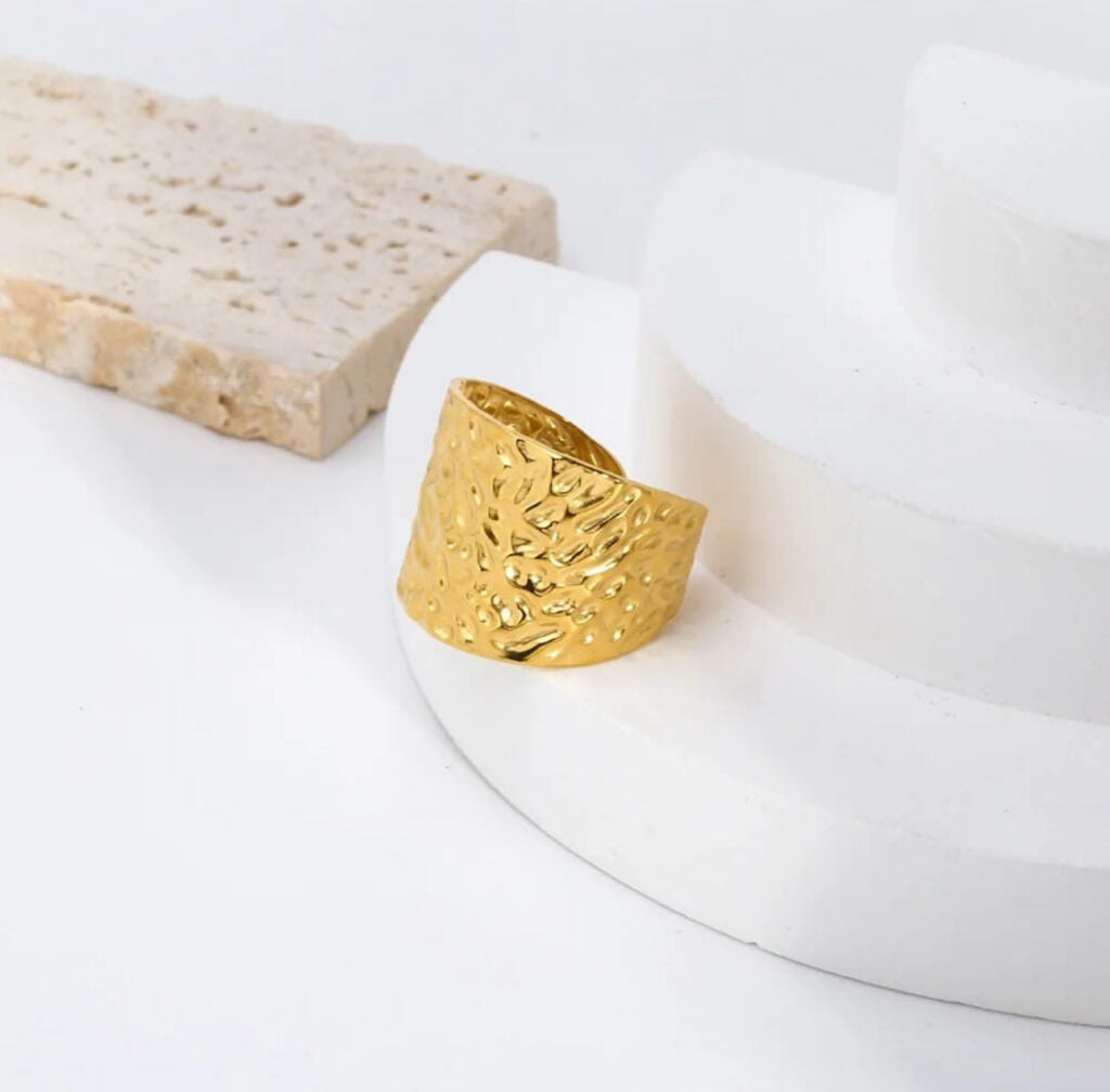 Stainless Steel Open Ring - Creative Concave Personalized Gold Plated Wide Band Fashion Jewelry for Women Men