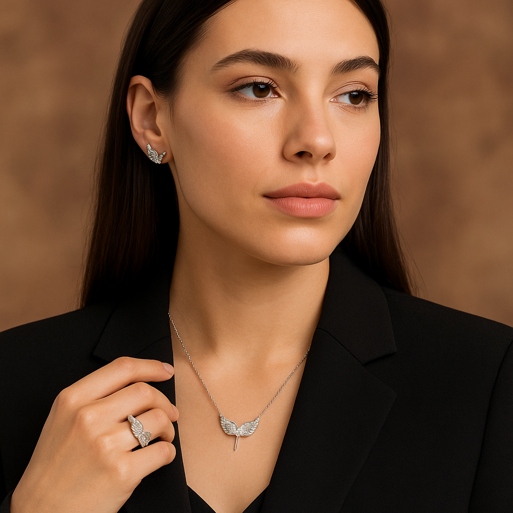 Micro-embellished Angel Wings Stainless Steel Earrings Ring Necklace Set