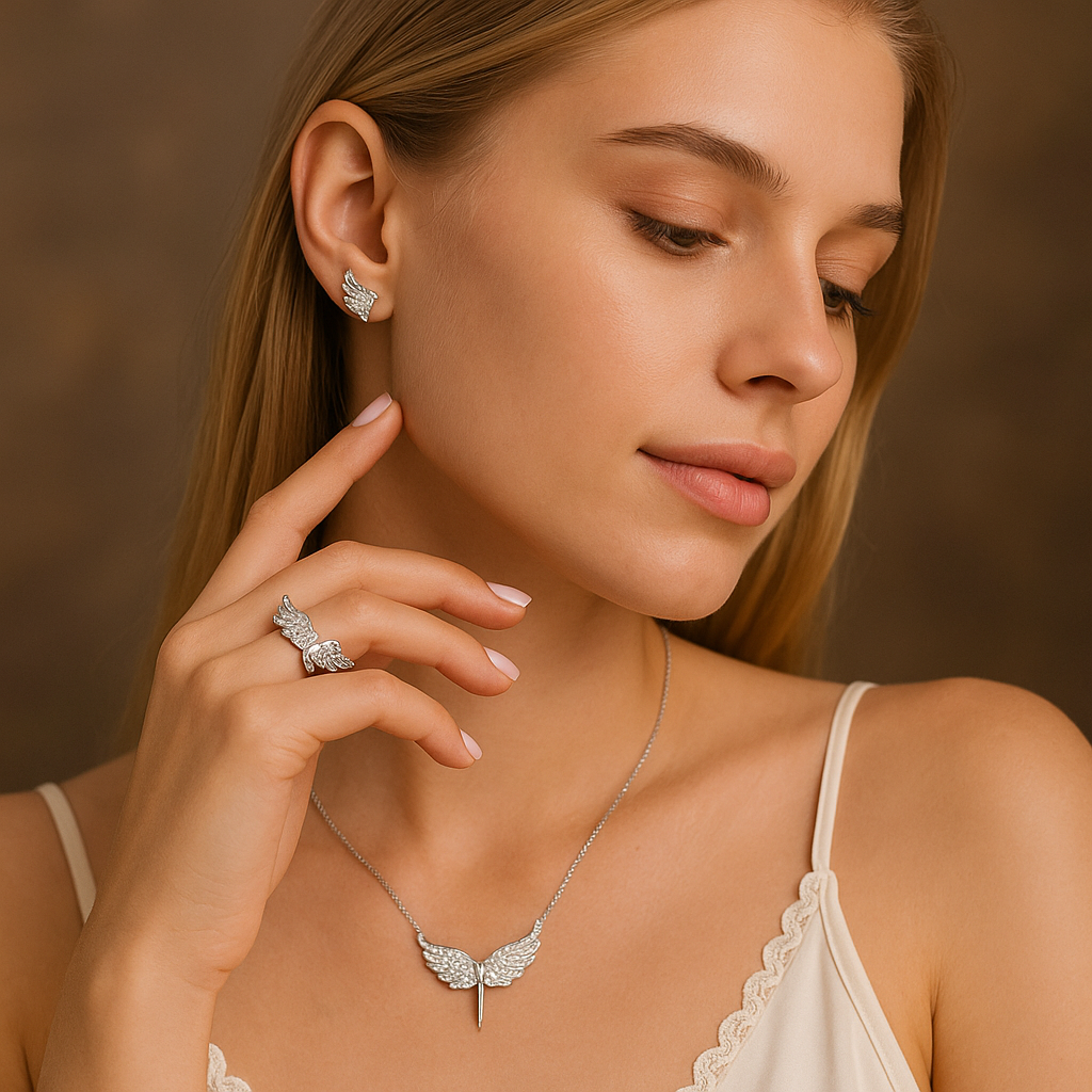 Woman wearing a necklace, ring, and earrings against a warm brown background