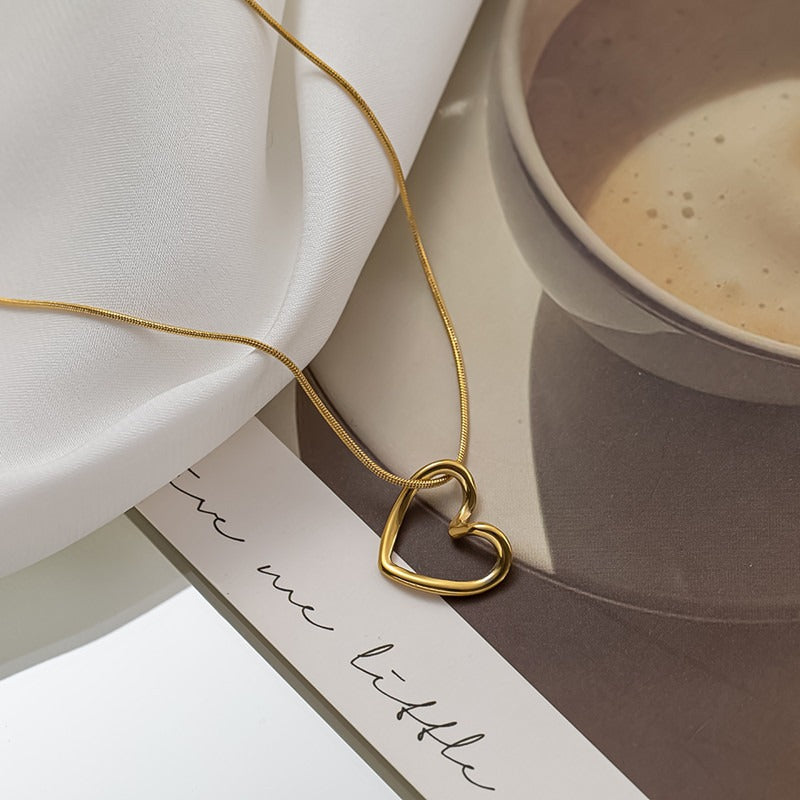 Gold Plating Heart Pendant Necklace Stainless Steel Collana Con Cuore Waterproof Hollow Heart Necklace