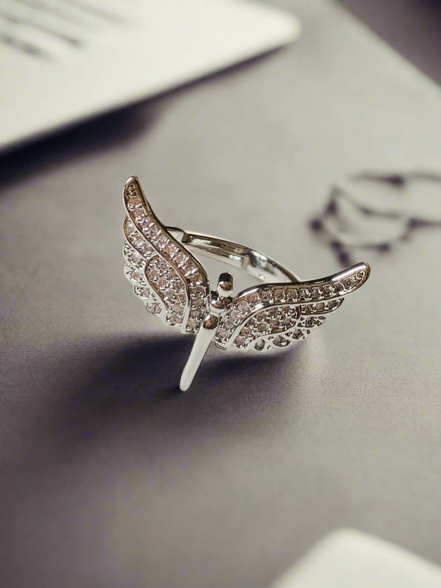 Micro-embellished Angel Wings Stainless Steel Earrings Ring Necklace Set