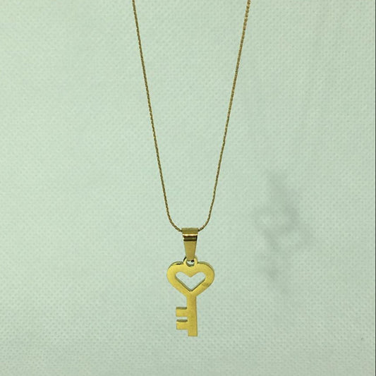 Gold Heart Key with Love Text Necklace Pendant