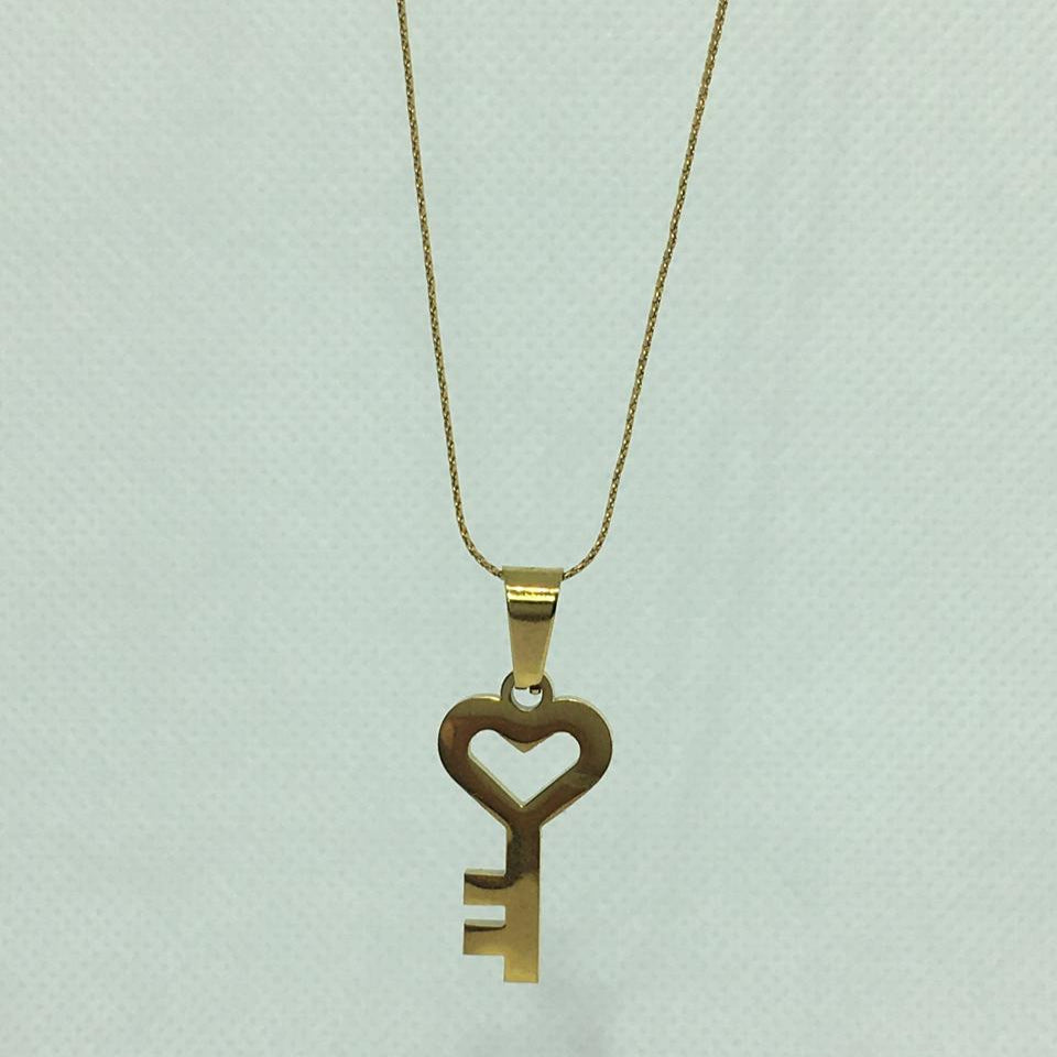 Gold Heart Key with Love Text Necklace Pendant