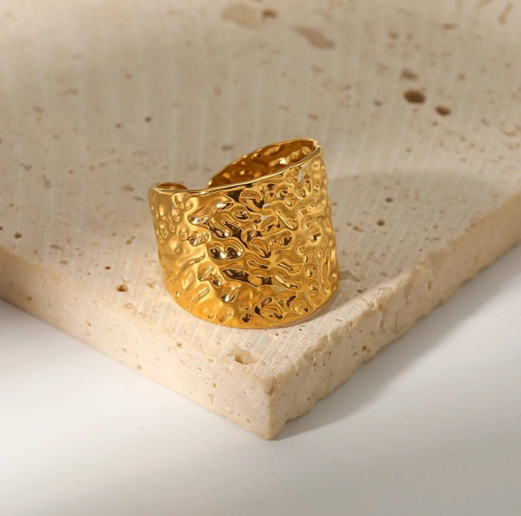 Stainless Steel Open Ring - Creative Concave Personalized Gold Plated Wide Band Fashion Jewelry for Women Men