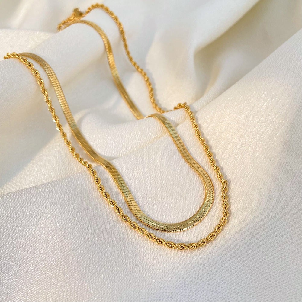 Herringbone Rope Chain Layered Necklace Stainless Steel