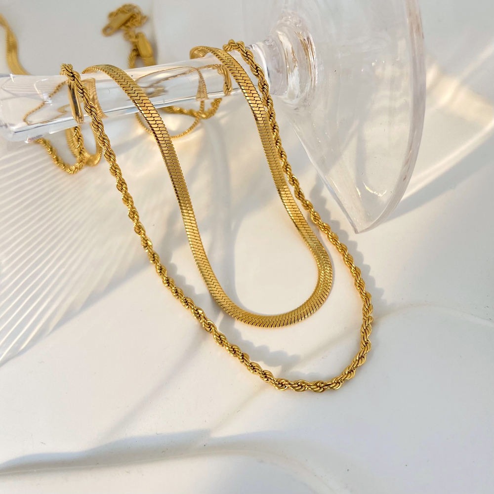 Herringbone Rope Chain Layered Necklace Stainless Steel