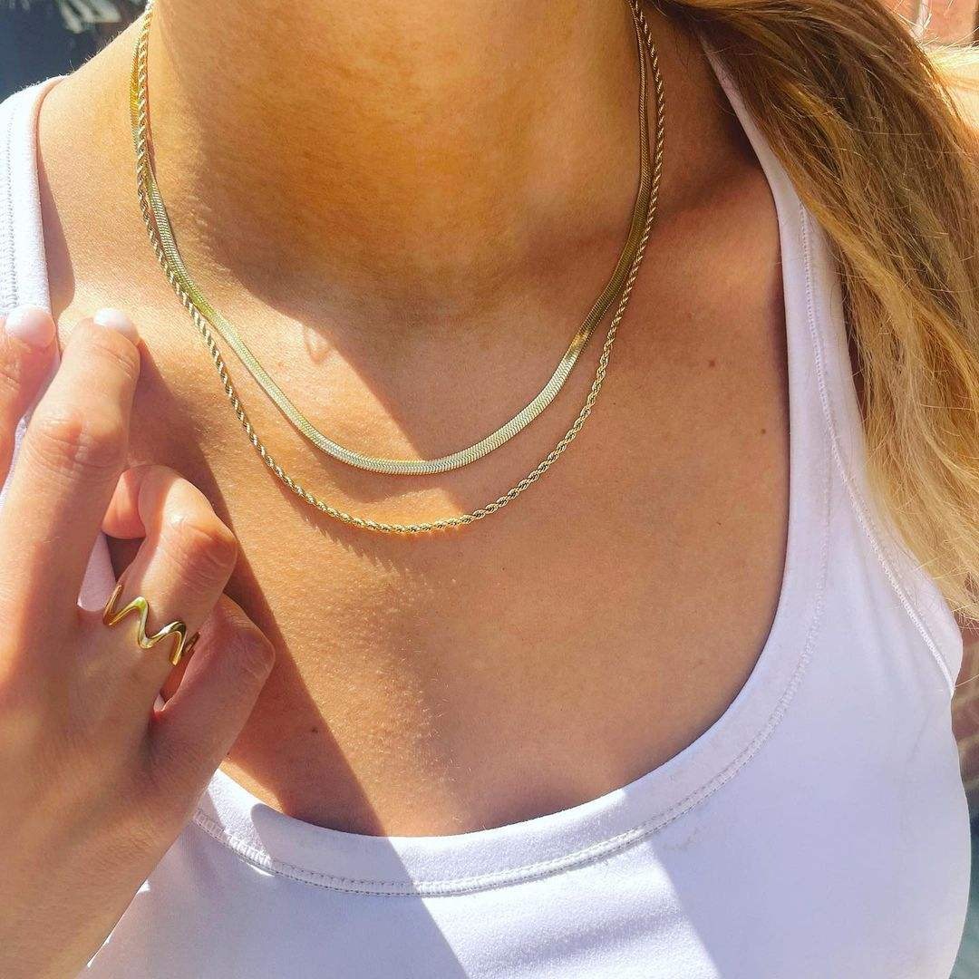 Herringbone Rope Chain Layered Necklace Stainless Steel