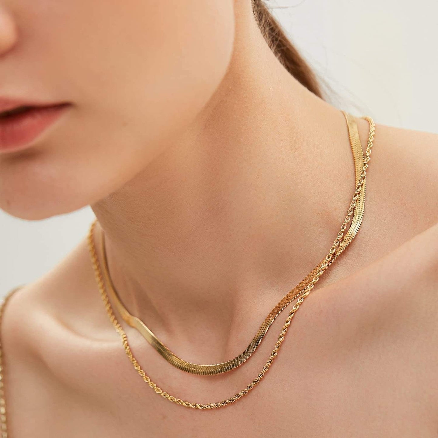 Herringbone Rope Chain Layered Necklace Stainless Steel
