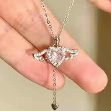 Crystal Angel Wings Heart Pendant Necklaces Ladies Girl Simple