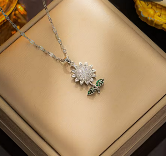 Sunflower Titanium Steel Plating Inlay Rhinestones Pendant Necklace