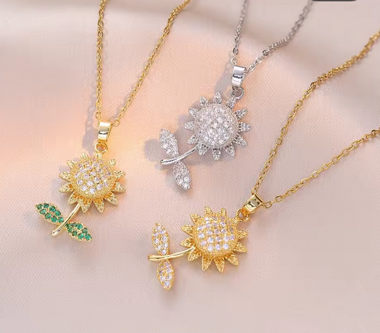 Sunflower Titanium Steel Plating Inlay Rhinestones Pendant Necklace