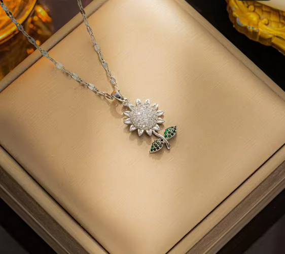 Sunflower Titanium Steel Plating Inlay Rhinestones Pendant Necklace