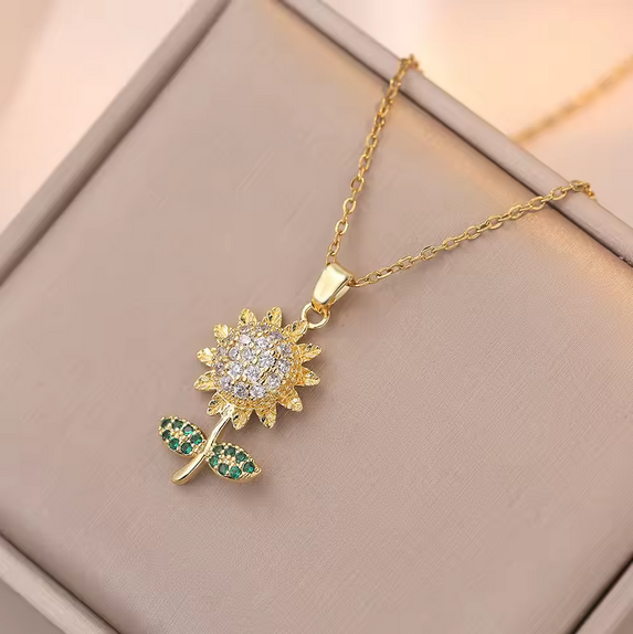 Sunflower Titanium Steel Plating Inlay Rhinestones Pendant Necklace