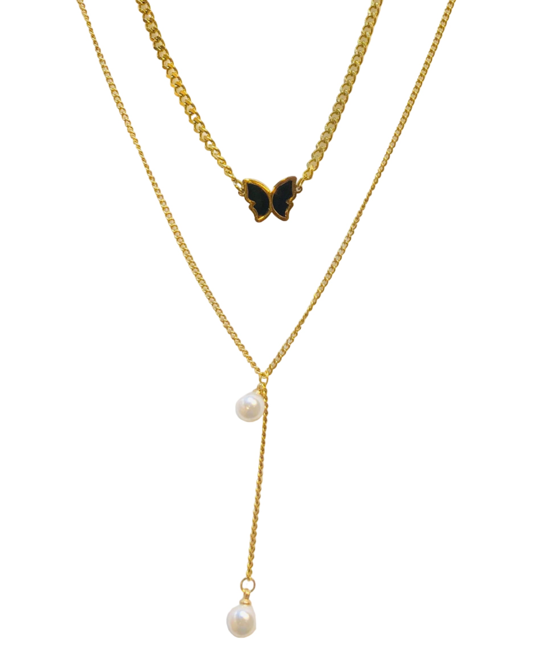 Two gold necklaces with butterfly and pearl