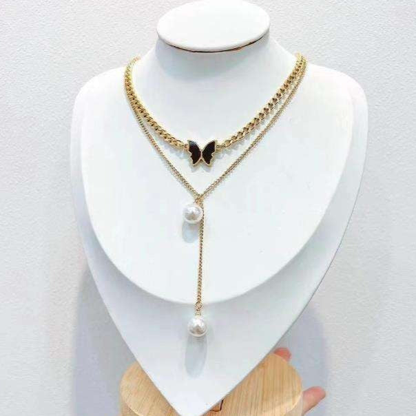 Golden Butterfly Shell Fringe Pearl Double Layer Necklace