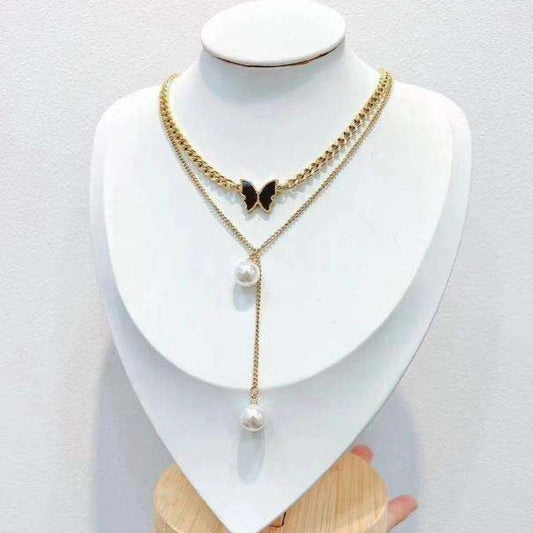 Golden Butterfly Shell Fringe Pearl Double Layer Necklace