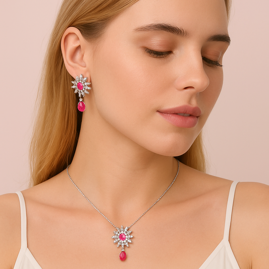  necklace and earrings with pink gemstones